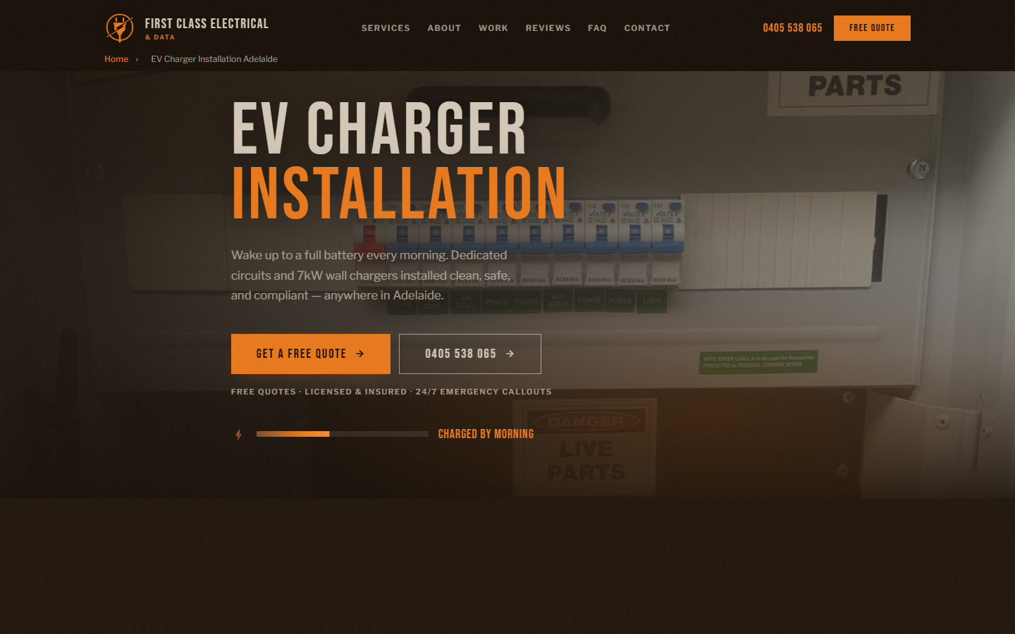 EV Charger Installation landing page built for First Class Electrical
