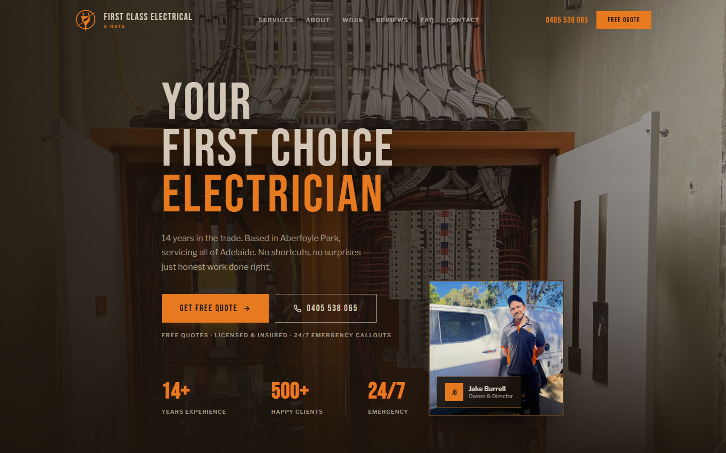 First Class Electrical & Data homepage — dark, bold hero with tap-to-call and free quote buttons